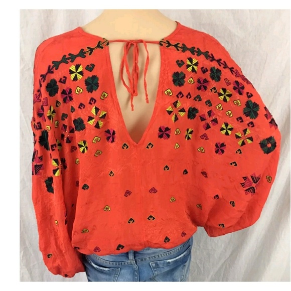 Free People Tops - Free People Orange Print Balloon Sleeve Blouse Top